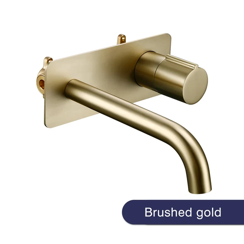 AureoLinea Wand-Waschtischarmatur – Gebürstete Goldarmatur mit Abdeckplatte | Eleganter Einhebelmischer | Messingarmatur für Warm- und Kaltwasser