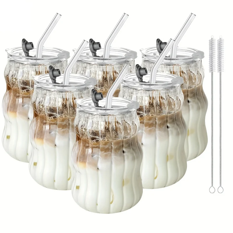 RillenGlas Trinkbecher-Set – 2/4 Wiederverwendbare Glasbecher mit Deckel & Trinkhalm | Spülmaschinengeeignet | Für Eiskaffee, Matcha & Saft
