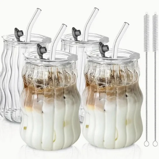 RillenGlas Trinkbecher-Set – 2/4 Wiederverwendbare Glasbecher mit Deckel & Trinkhalm | Spülmaschinengeeignet | Für Eiskaffee, Matcha & Saft