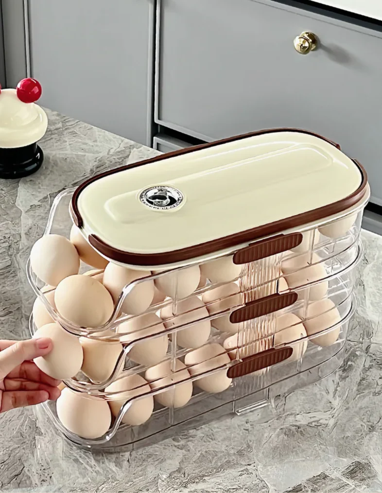 FrischeEi Rollender Eierhalter – Mehrstufiger Eierorganizer für Kühlschrank | Automatischer Eier-Spender | Stapelbare Eieraufbewahrung