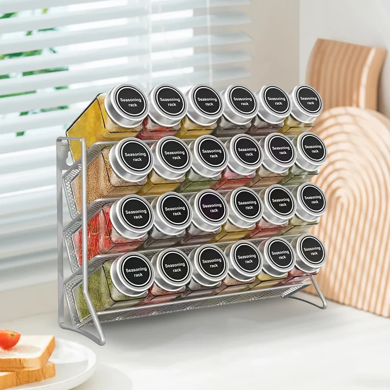 4-stufiges Gewürzregal Wand Edelstahl – Küchen Organizer | Platzsparendes Wandregal | Vorratshalter ohne Gläser