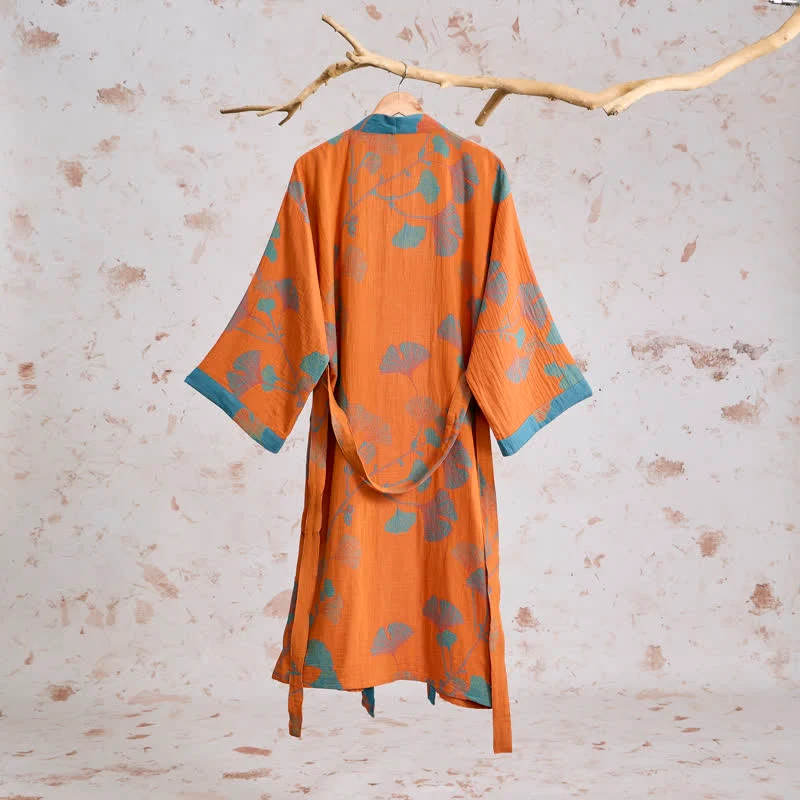 Retro-Kimono aus Baumwolle mit Ginkgoblatt