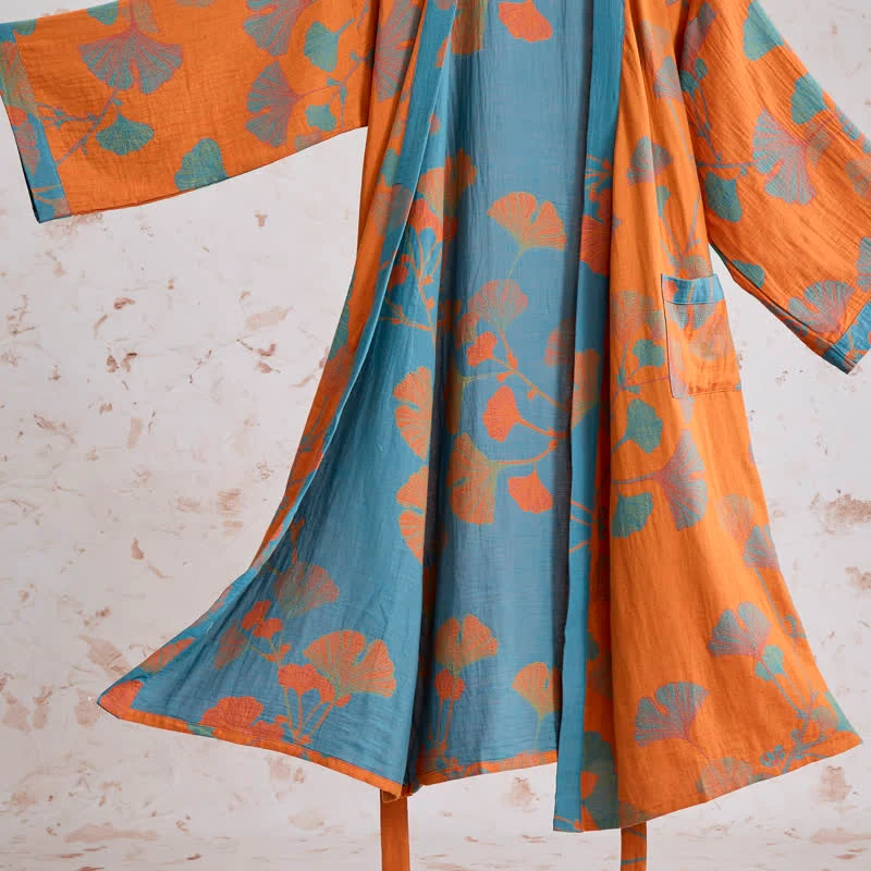 Retro-Kimono aus Baumwolle mit Ginkgoblatt