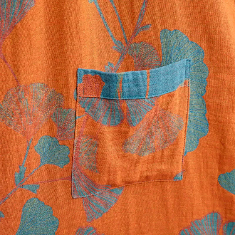 Retro-Kimono aus Baumwolle mit Ginkgoblatt