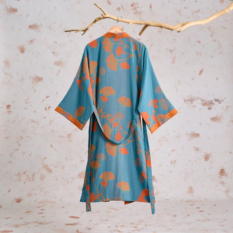 Retro-Kimono aus Baumwolle mit Ginkgoblatt