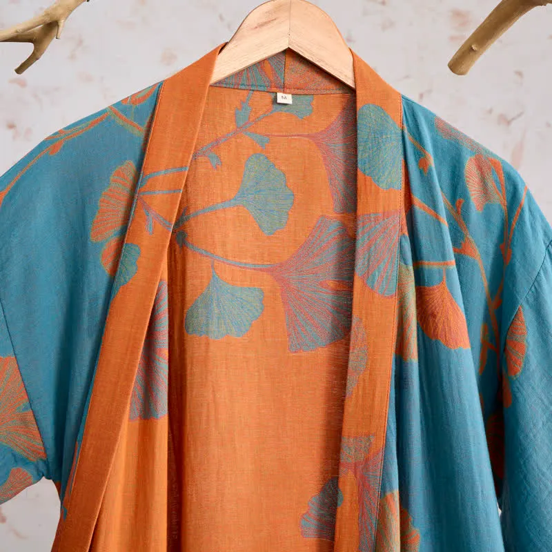 Retro-Kimono aus Baumwolle mit Ginkgoblatt