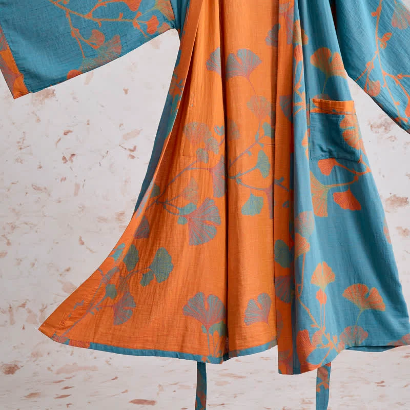 Retro-Kimono aus Baumwolle mit Ginkgoblatt