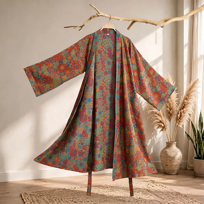 Vintage Kimono-Bademantel aus Baumwolle mit bunten Blumenmustern