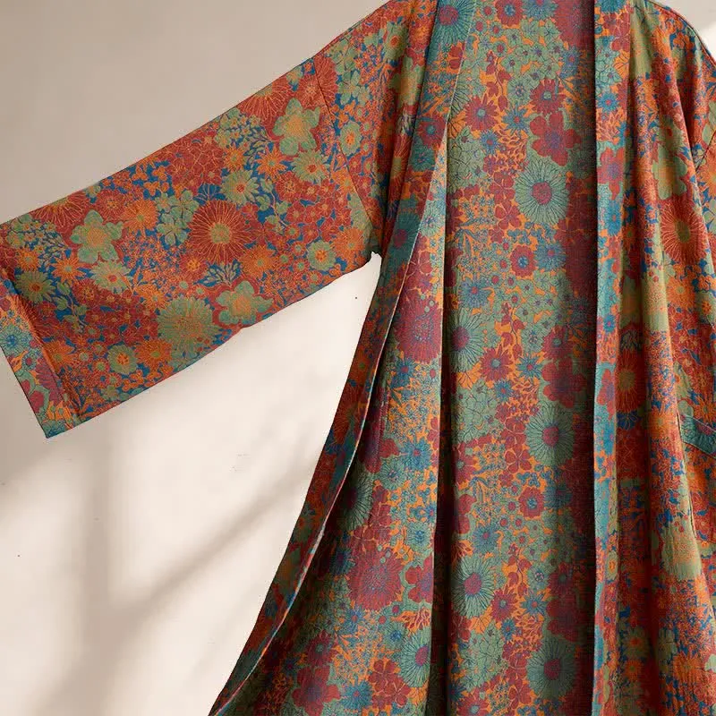 Vintage Kimono-Bademantel aus Baumwolle mit bunten Blumenmustern