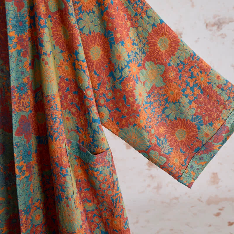 Vintage Kimono-Bademantel aus Baumwolle mit bunten Blumenmustern