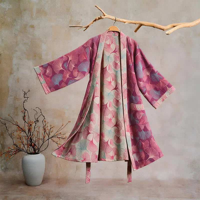 Künstlerischer Kimono aus Ginkgoblättern – Loungewear-Bademantel