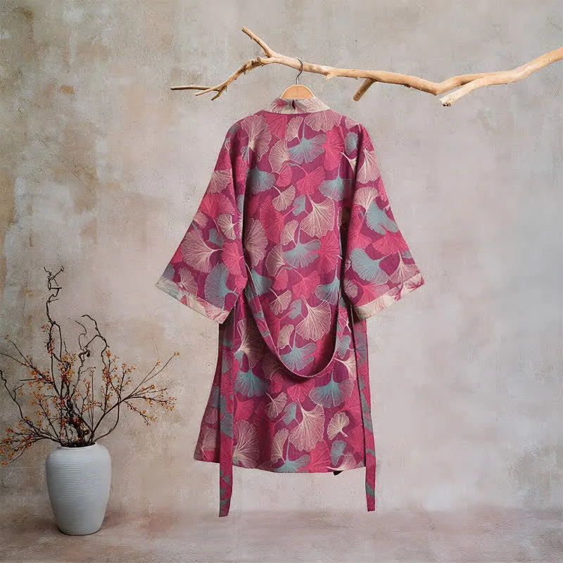 Künstlerischer Kimono aus Ginkgoblättern – Loungewear-Bademantel