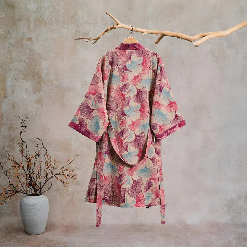Künstlerischer Kimono aus Ginkgoblättern – Loungewear-Bademantel