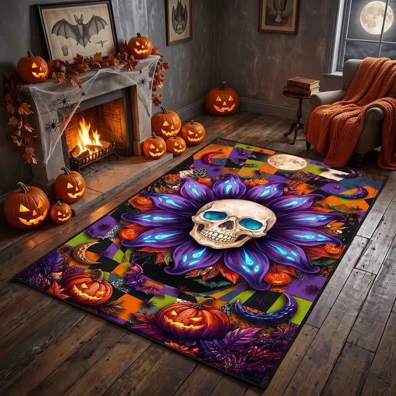 Halloween-Teppich mit gotischem Totenkopf-Mandala-Motiv, rutschfest