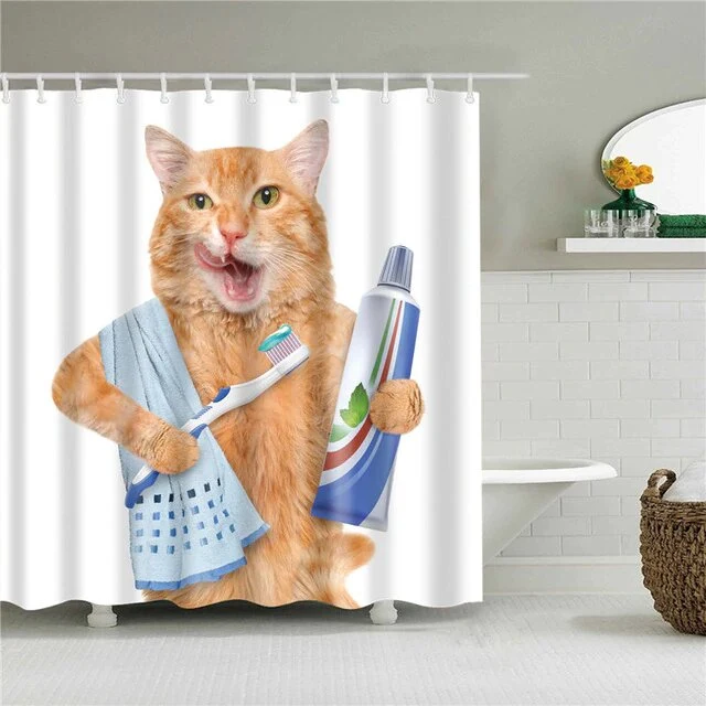 Duschvorhang lustige Katze beim Zähneputzen