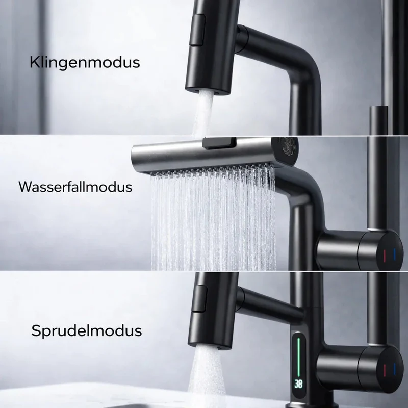 Trekk-ut kjøkkenkran med LED og 5 spraymoduser | Luvikno
