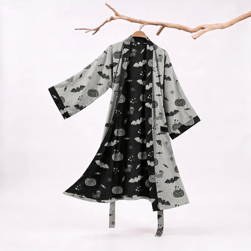 Halloween Kürbis Fledermaus Baumwollkimono-Bademantel