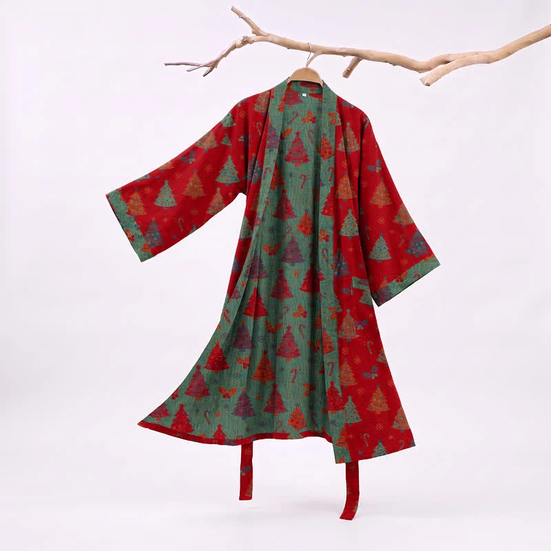 Kimono-Bademantel aus Baumwollgaze mit Weihnachtsbaummotiv