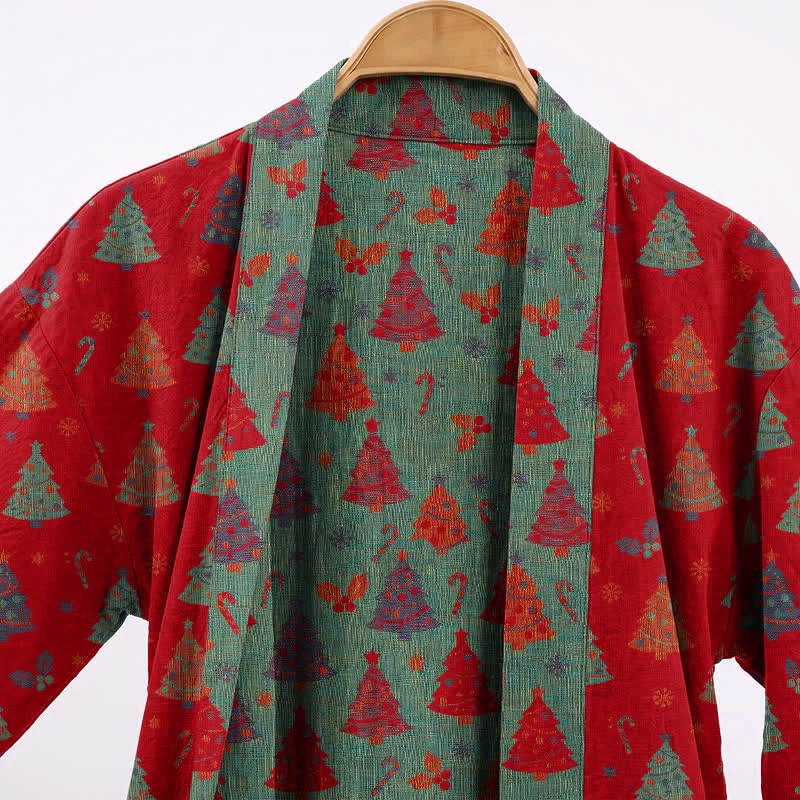 Kimono-Bademantel aus Baumwollgaze mit Weihnachtsbaummotiv