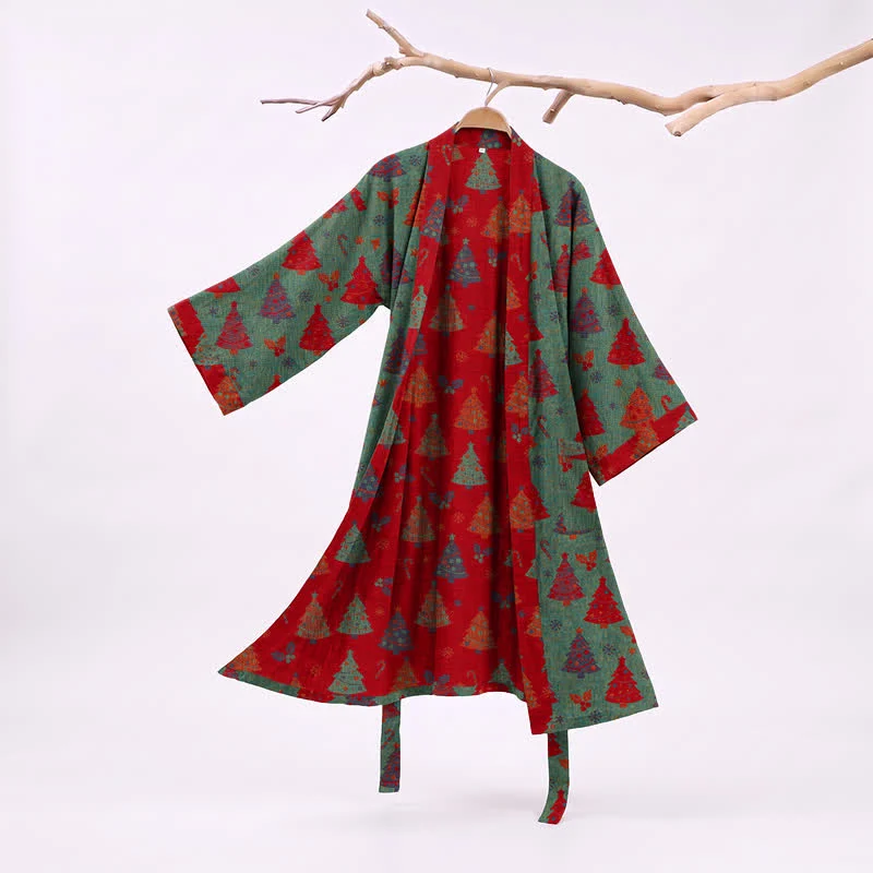 Kimono-Bademantel aus Baumwollgaze mit Weihnachtsbaummotiv