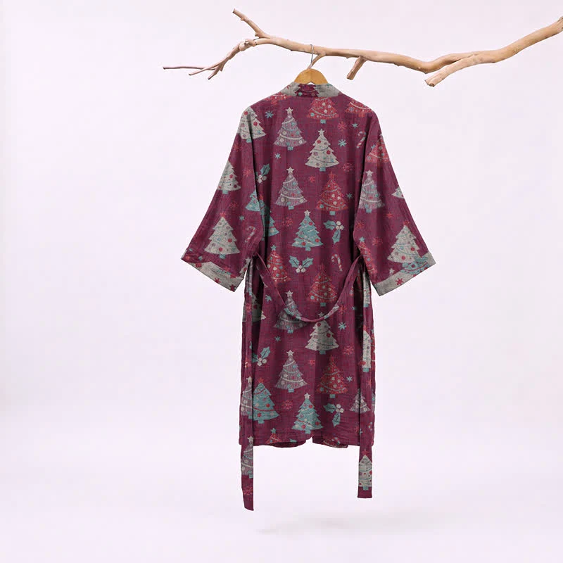 Kimono-Bademantel aus Baumwollgaze mit Weihnachtsbaummotiv