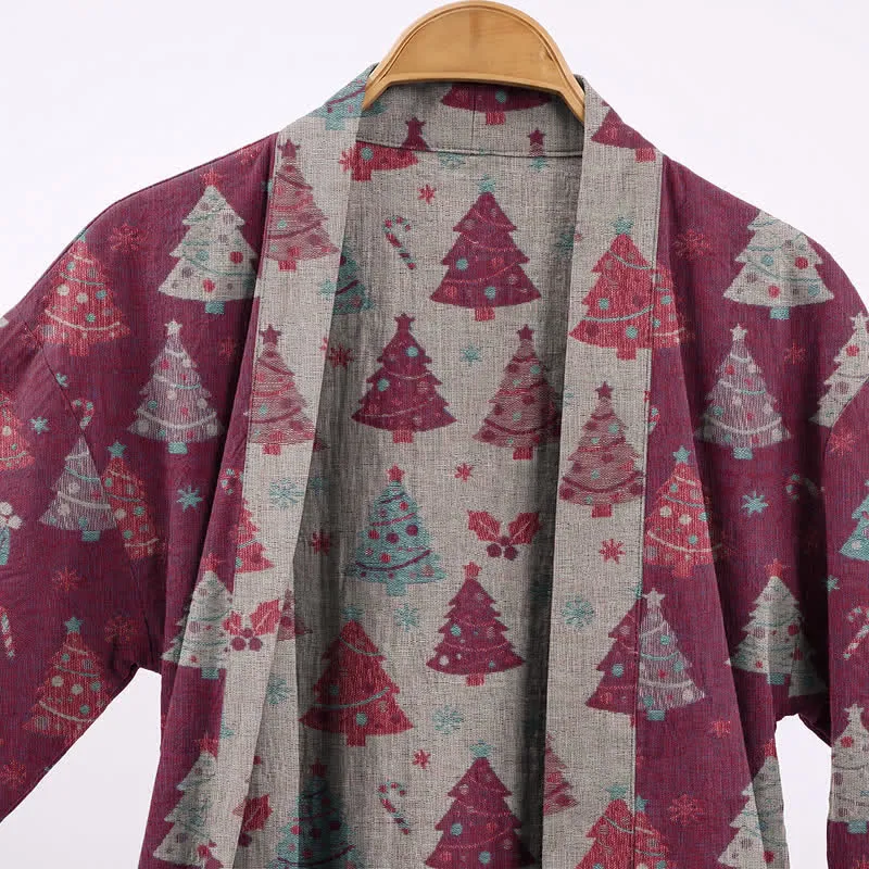 Kimono-Bademantel aus Baumwollgaze mit Weihnachtsbaummotiv