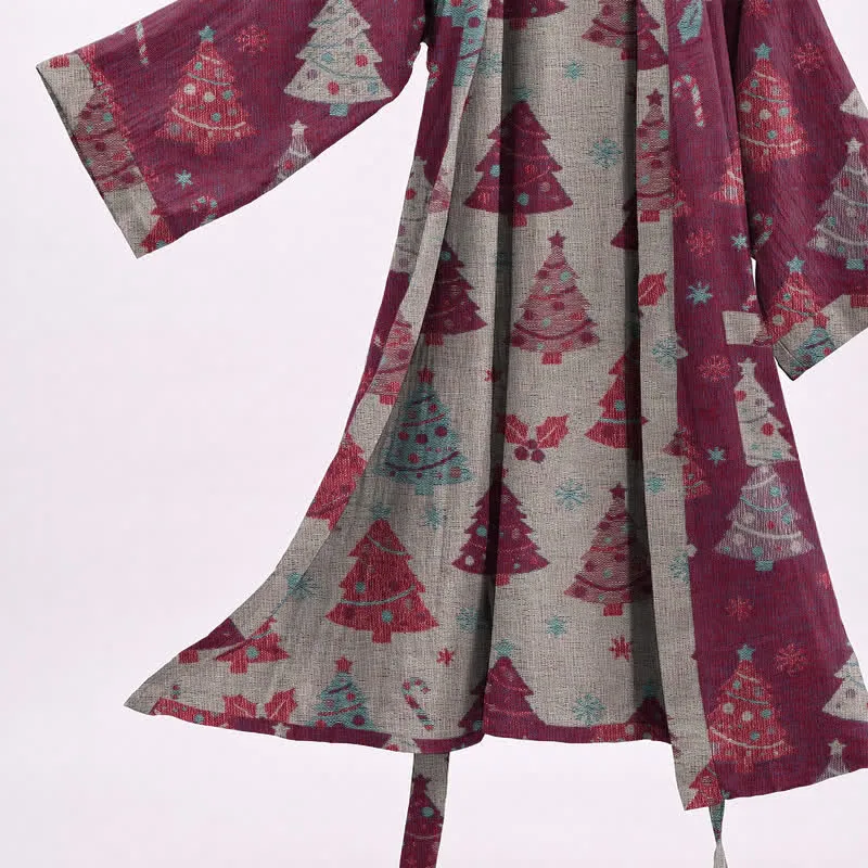Kimono-Bademantel aus Baumwollgaze mit Weihnachtsbaummotiv