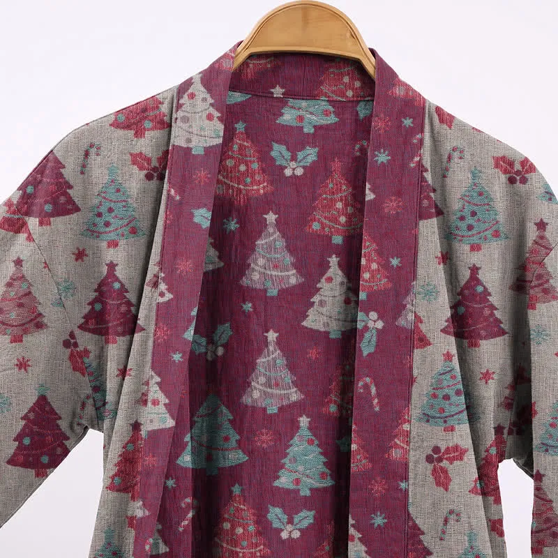 Kimono-Bademantel aus Baumwollgaze mit Weihnachtsbaummotiv