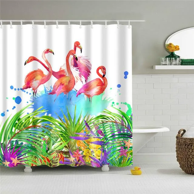 Bunter Duschvorhang mit tropischen Flamingos