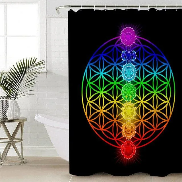 Duschvorhang Lebensblume mit Chakra Symbolen