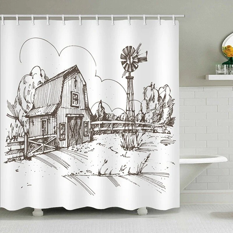 Duschvorhang Scheune als Bleistiftzeichnung Design