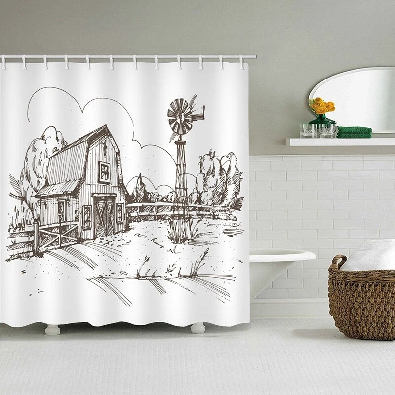 Duschvorhang Scheune als Bleistiftzeichnung Design