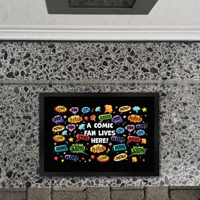 Comic Fußmatte in 35x50 cm mit Spruch: Klirr, pow, peng, plopp, oops