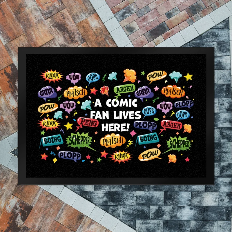 Comic Fußmatte in 35x50 cm mit Spruch: Klirr, pow, peng, plopp, oops