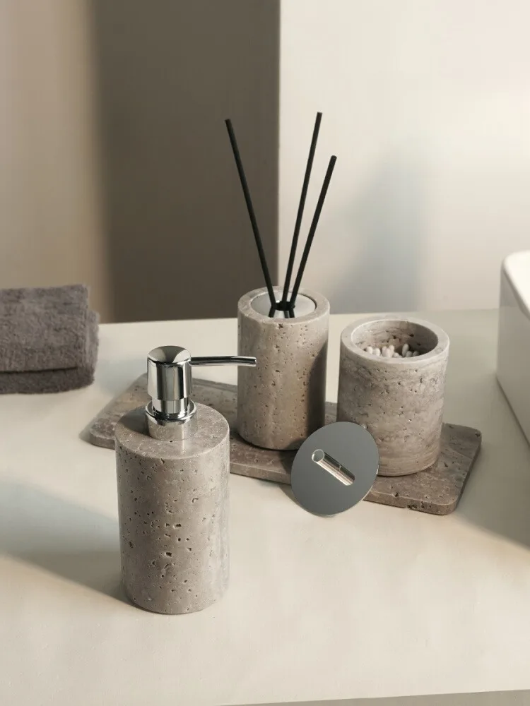 WabiSabiStone Natur-Silberasche Badezimmer-Accessoires – Luxus Cave Stone Set