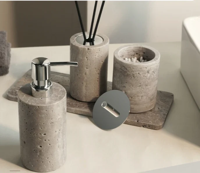 WabiSabiStone Natur-Silberasche Badezimmer-Accessoires – Luxus Cave Stone Set