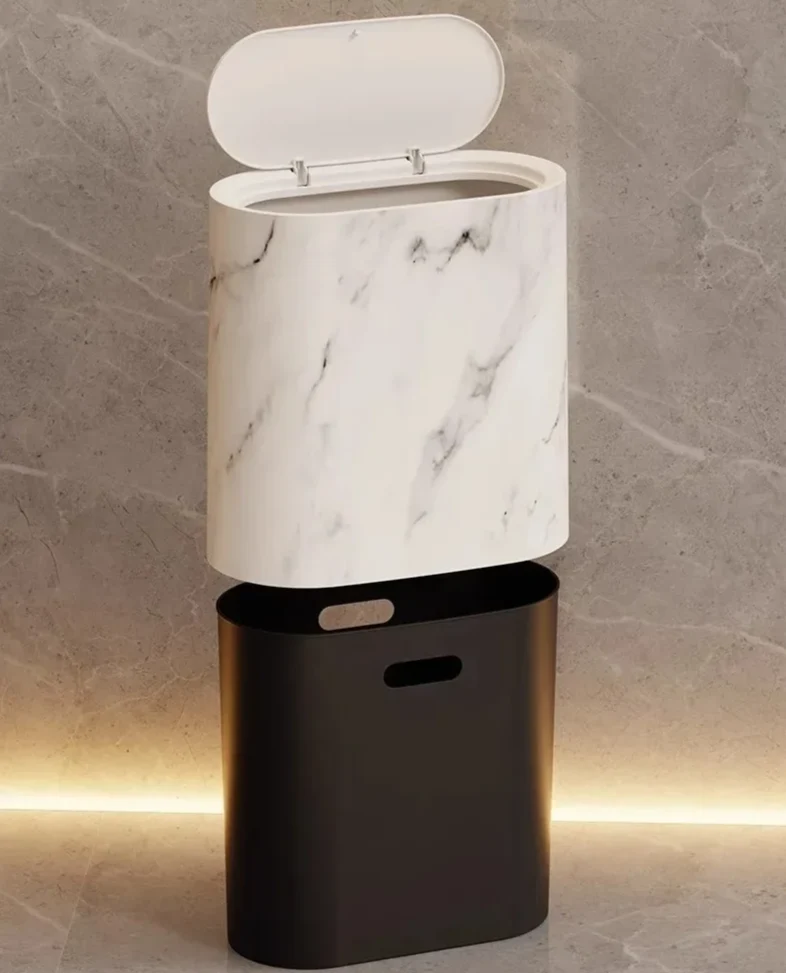 Nordic Marmor-Design Abfalleimer – Schlanker Drückdeckel Mülleimer für Bad & WC