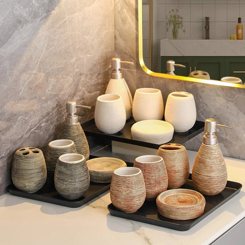 CeramiLux Vintage Badezimmer Set – Duschgel Flasche, Zahnbürstenhalter & Mundspülbecher