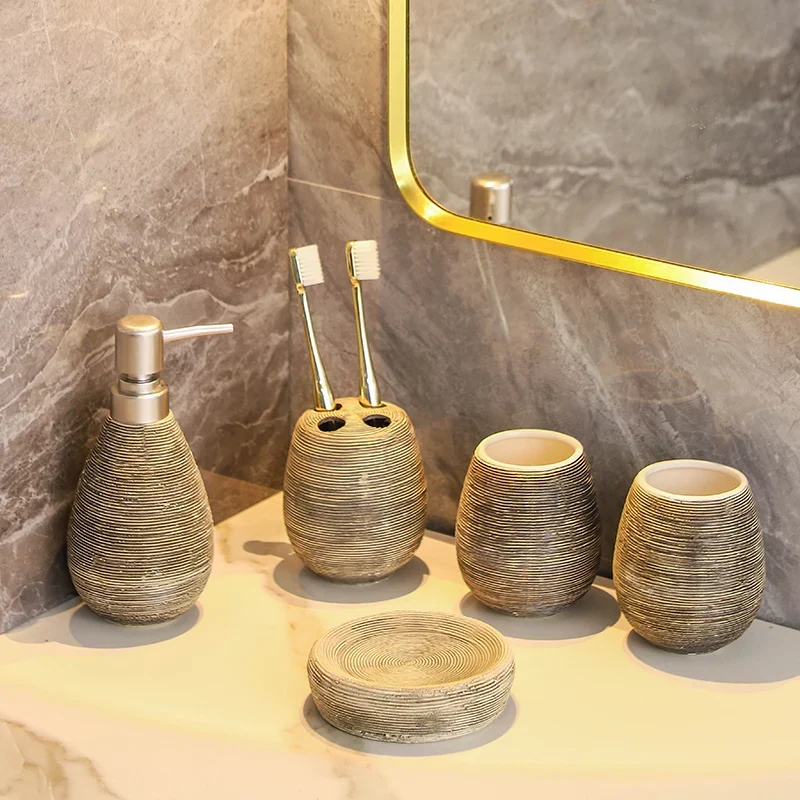 CeramiLux Vintage Badezimmer Set – Duschgel Flasche, Zahnbürstenhalter & Mundspülbecher