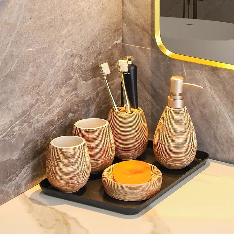 CeramiLux Vintage Badezimmer Set – Duschgel Flasche, Zahnbürstenhalter & Mundspülbecher