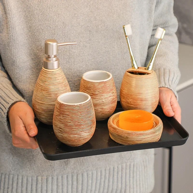 CeramiLux Vintage Badezimmer Set – Duschgel Flasche, Zahnbürstenhalter & Mundspülbecher