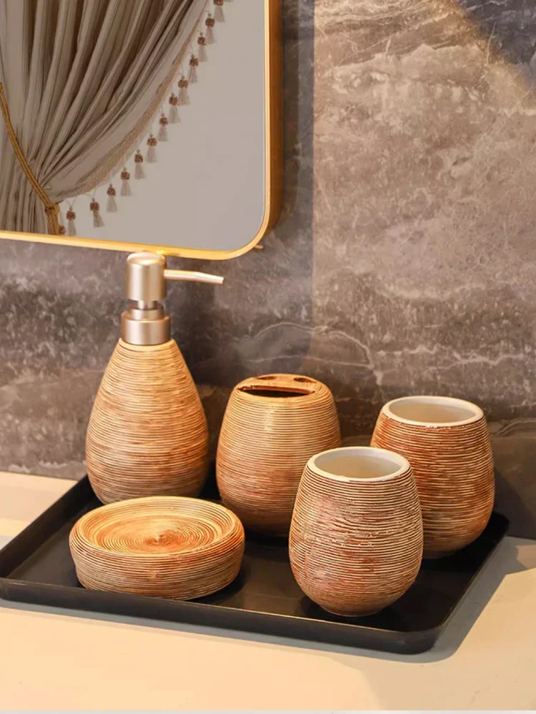 CeramiLux Vintage Badezimmer Set – Duschgel Flasche, Zahnbürstenhalter & Mundspülbecher