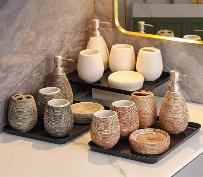 CeramiLux Vintage Badezimmer Set – Duschgel Flasche, Zahnbürstenhalter & Mundspülbecher