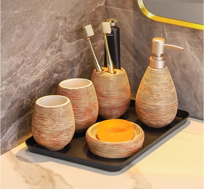 CeramiLux Vintage Badezimmer Set – Duschgel Flasche, Zahnbürstenhalter & Mundspülbecher