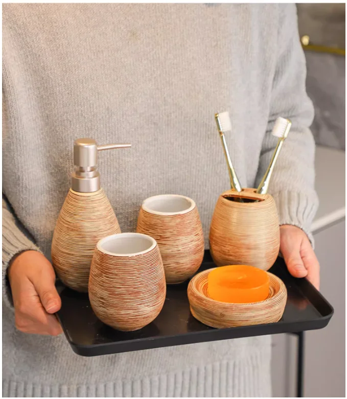 CeramiLux Vintage Badezimmer Set – Duschgel Flasche, Zahnbürstenhalter & Mundspülbecher