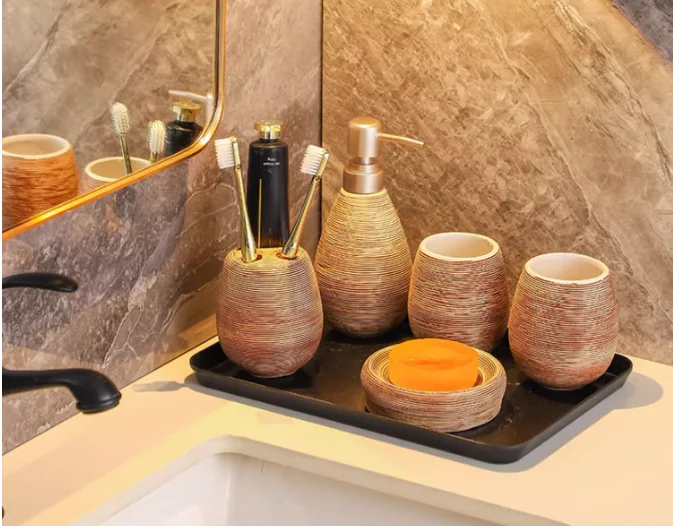 CeramiLux Vintage Badezimmer Set – Duschgel Flasche, Zahnbürstenhalter & Mundspülbecher
