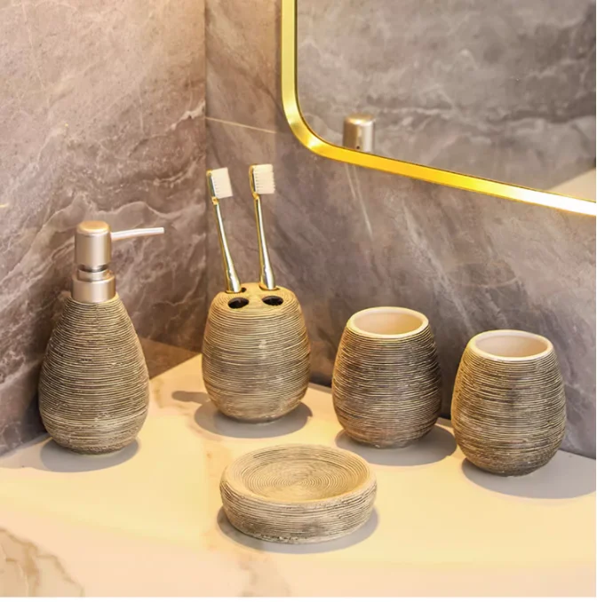 CeramiLux Vintage Badezimmer Set – Duschgel Flasche, Zahnbürstenhalter & Mundspülbecher