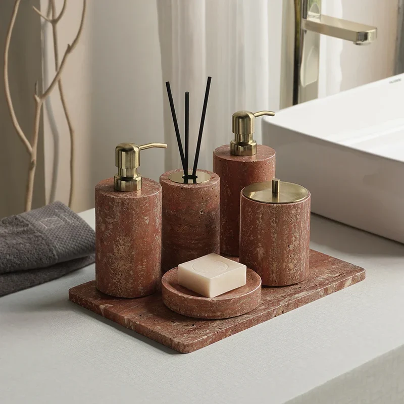 Rubèra Rotes Travertin Badezimmer-Set – Vintage Naturstein Eleganz