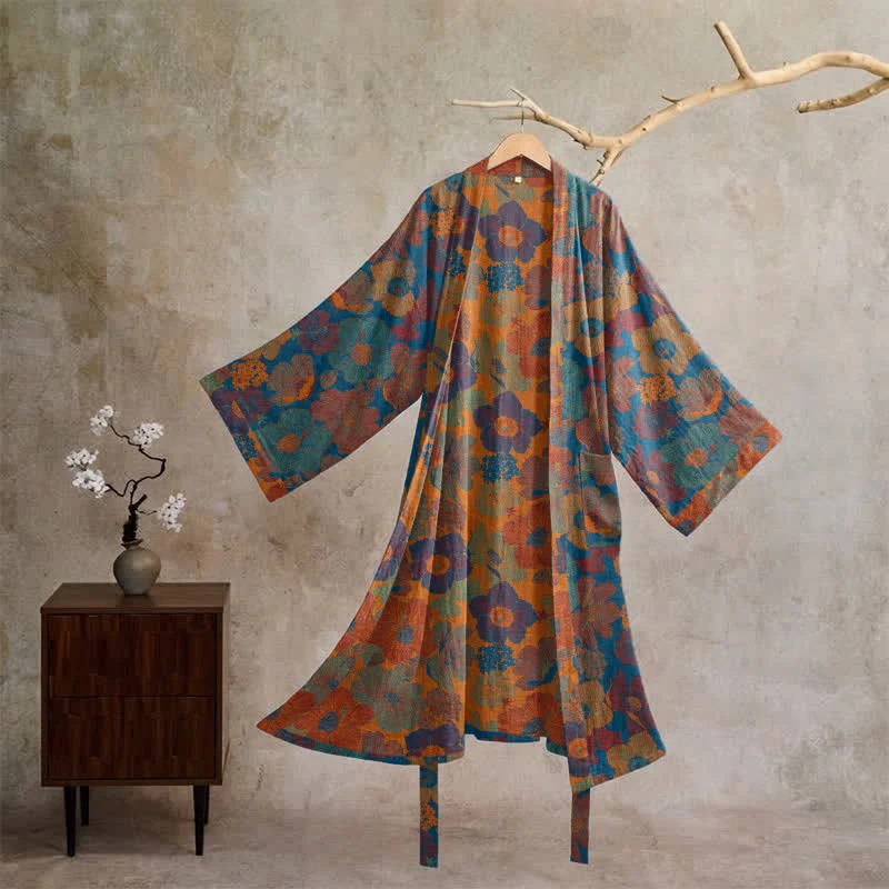 Vintage Kimono-Bademantel aus Baumwolle mit Blumenmuster