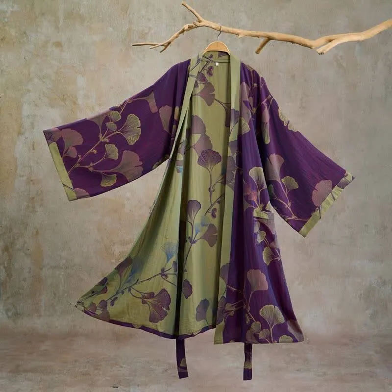Retro-Kimono aus Baumwolle mit Ginkgoblatt